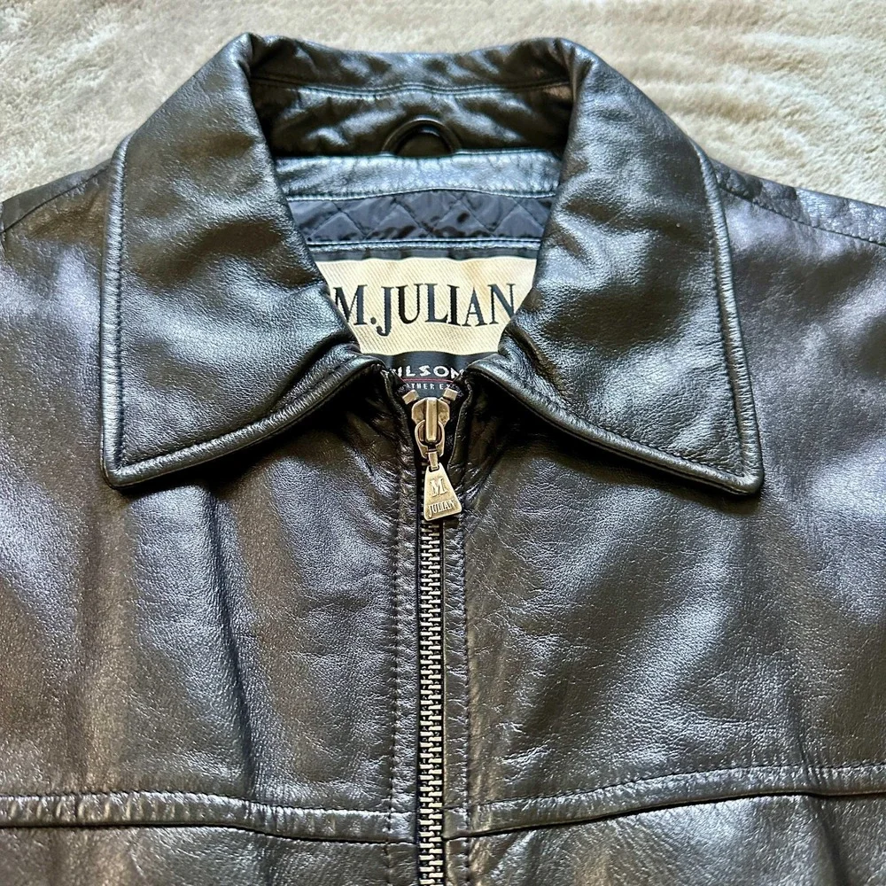 Vintage M JULIAN WILSONS Leather Jacket Mens XL Black Y2K Quilted Lined Zip